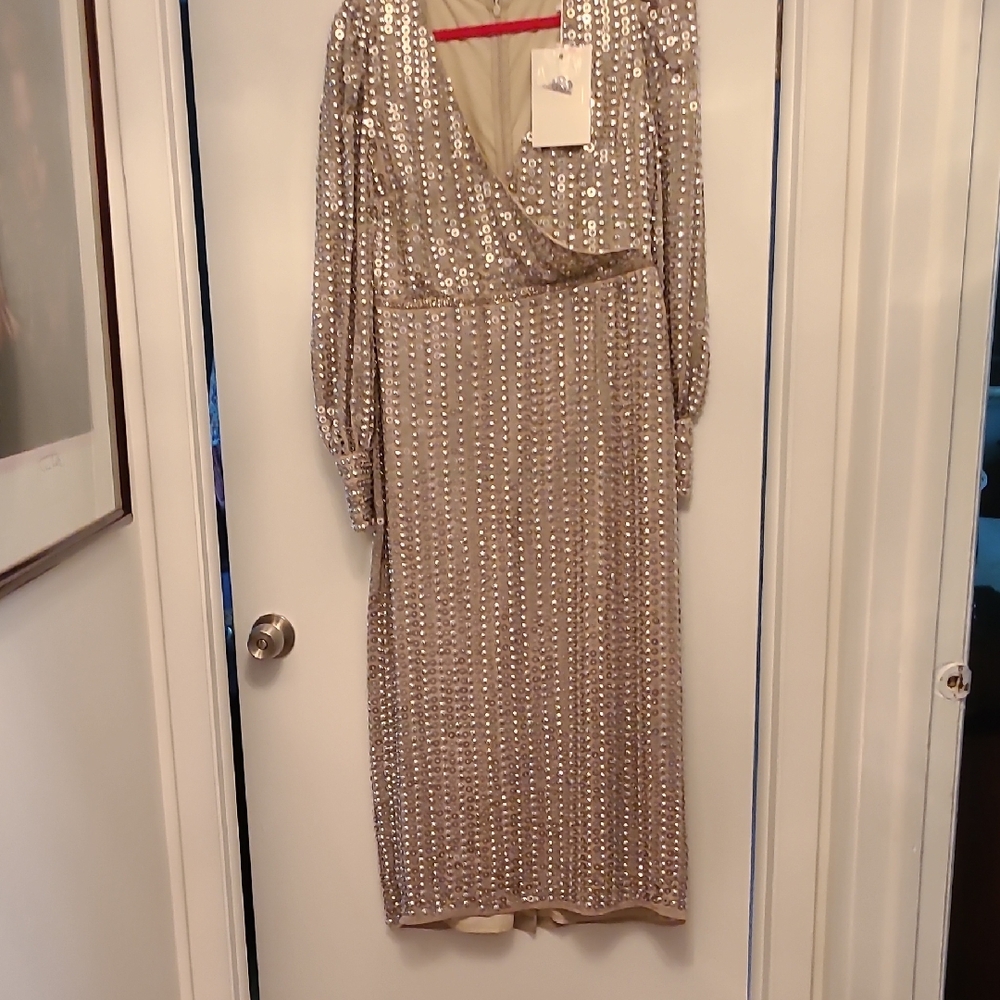Mac Duggal Silver Long Sleeve Gown with Plunge Neckline. NWT